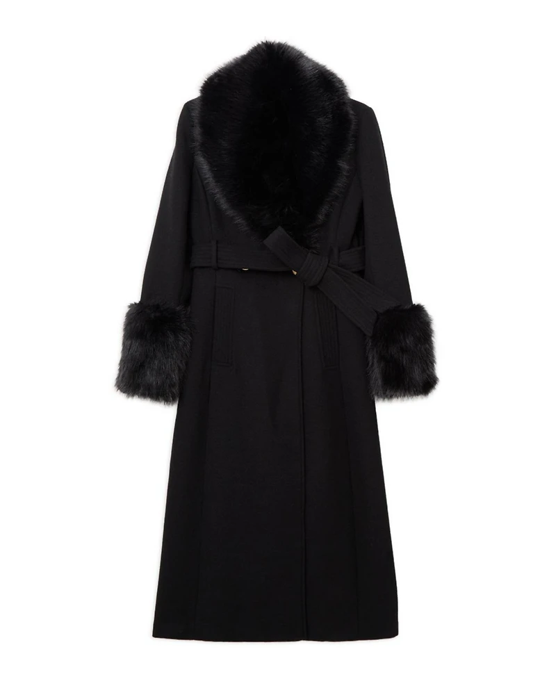 Karen Millen Women's Wool Detachable Fur Belted Midi Coat