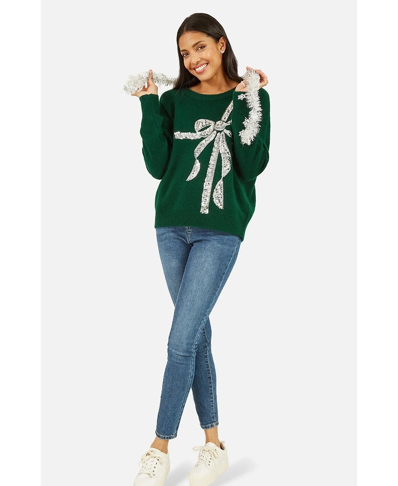 Yumi Women's Sequin Bow Knitted Sweater.