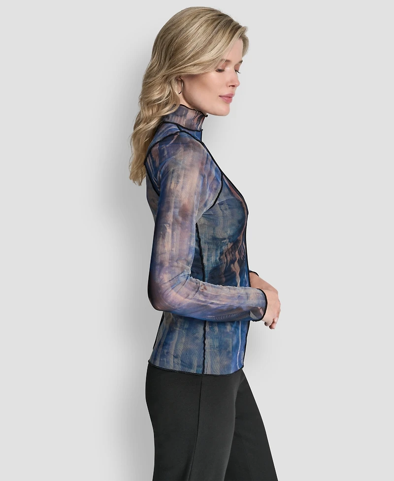 Dkny Women's Long-Sleeve Exposed Seam Mesh Top with Sleeveless Camisole