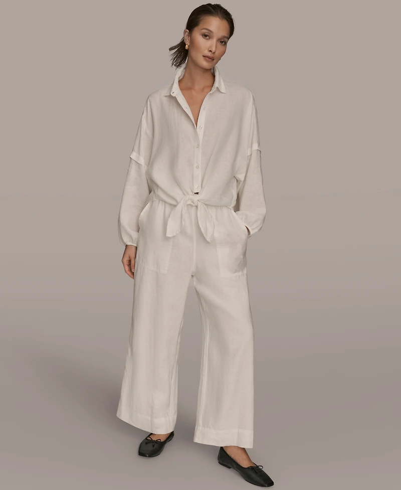 Donna Karan Weekend Women's Long Blouson Sleeve Button Adjustable Tie Shirt