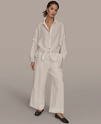 Donna Karan Weekend Women's Long Blouson Sleeve Button Adjustable Tie Shirt