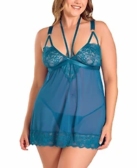 iCollection Plus Wide Strap Mixed Lace Babydoll Lingerie Set