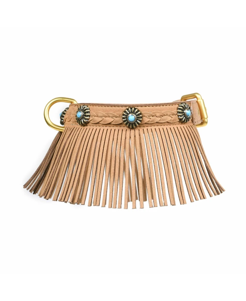 Blueberry Pet Silver-Powered Freshness Microfiber Suede Dog Collar Camel Tan – Fringed Style with Turquoise Studs