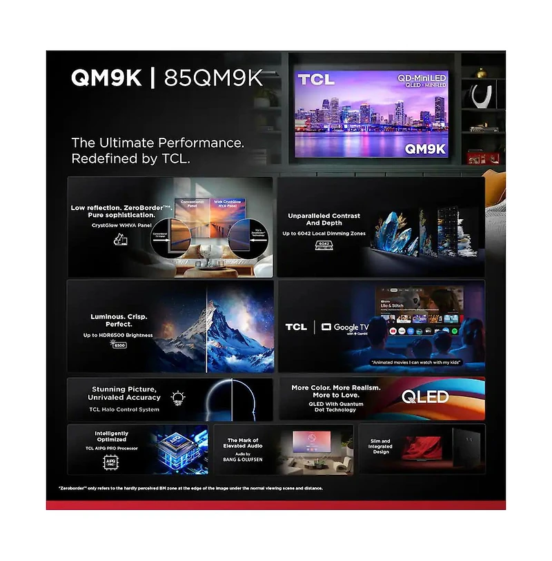 Tcl 85" 4K Uhd Qd Mini Led Qled Smart Google Tv 144Hz High Brightness Smart Tv