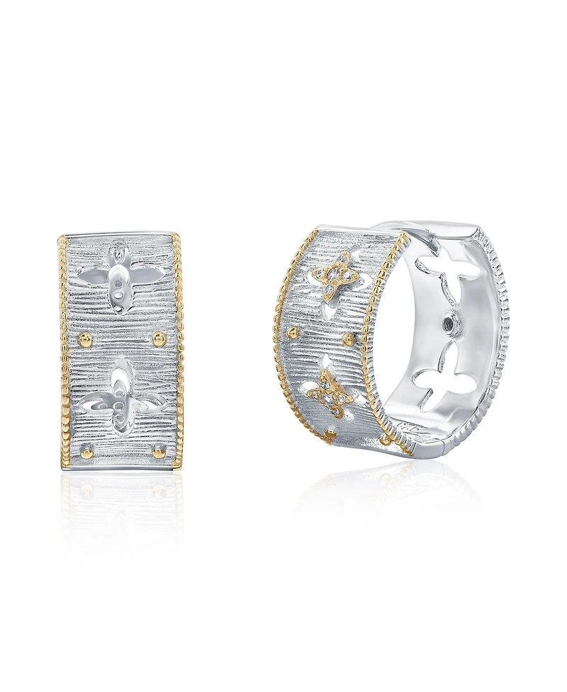 Suzy Levian New York Sterling Silver Cubic Zirconia Florentine Motif Huggie Hoop Earrings