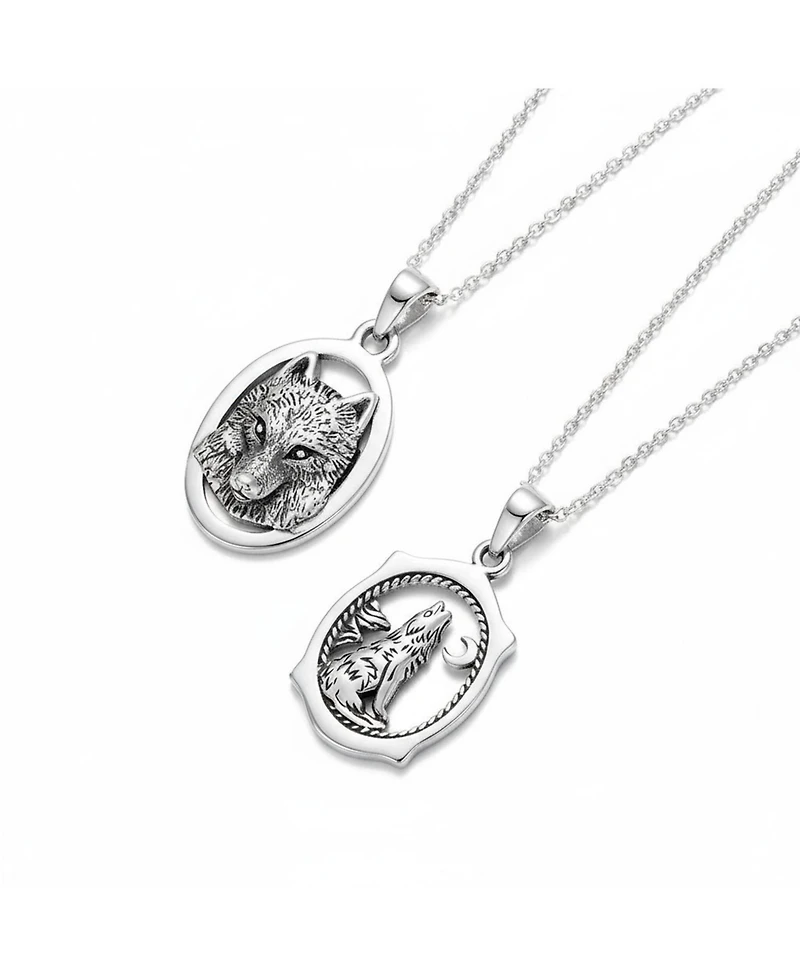 Bling Jewelry Set of 2 Celestial Werewolf Wicca Oval Animal Totem with Moon & Stars Pendant Necklace Oxidized Sterling Silver