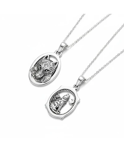 Bling Jewelry Set of 2 Celestial Werewolf Wicca Oval Animal Totem with Moon & Stars Pendant Necklace Oxidized Sterling Silver