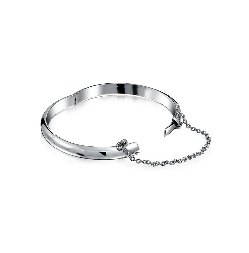 Bling Jewelry Set of 2 Small Simple Stackable Dome Cuff Bangle Bracelet with Safety Chain Sterling Silver 5 Inch