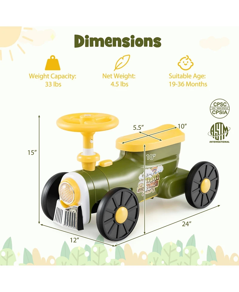 Hongge Ride-On Train Toy for Toddlers with Steering Wheel and Whistle Sound - Green