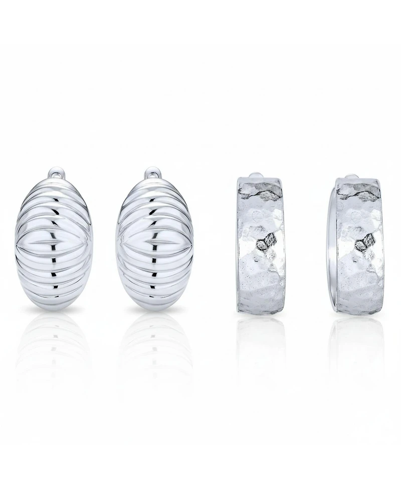 Bling Jewelry Set of 2 Polished Shrimp Dome and Matte Hammered Hoop Clip-On Earrings Sterling Silver