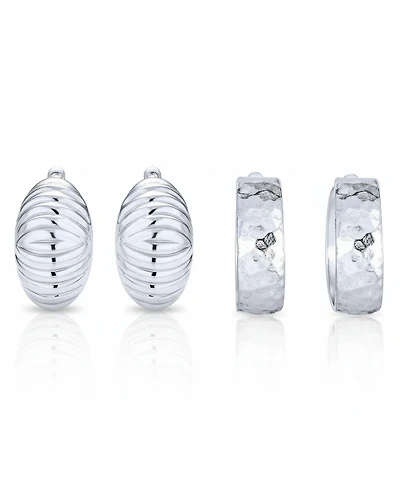 Bling Jewelry Set of 2 Polished Shrimp Dome and Matte Hammered Hoop Clip-On Earrings Sterling Silver