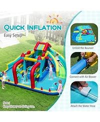 Hongge Inflatable Double Water Slide Park with Obstacle Course and 680W Air Blower