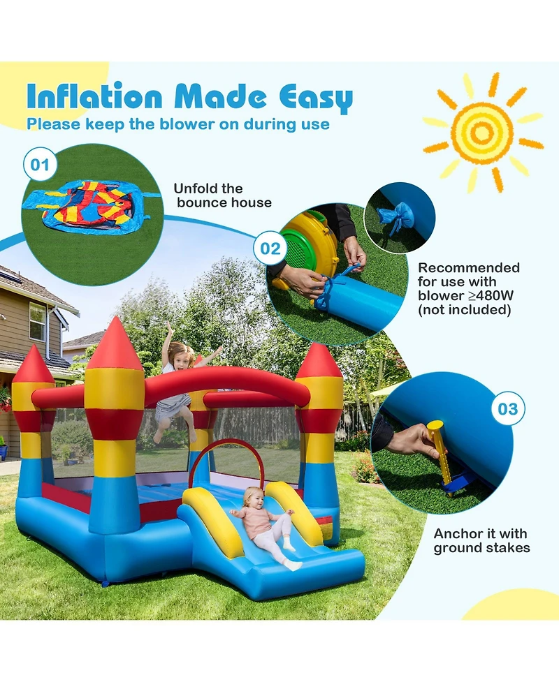 Hongge 3-in-1 Kids Bounce House with Slide, Basketball Hoop, and Large Jump Area (No Blower)