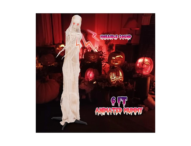 Mondawe 6ft Halloween Animated Standing Mummy with Led Red Glowing Eyes