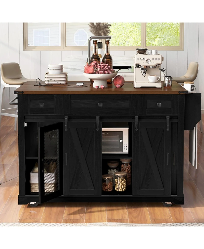 Streamdale 58-Inch Wood Farmhouse Kitchen Island with Storage, Sliding Barn Door, Rolling Wheels