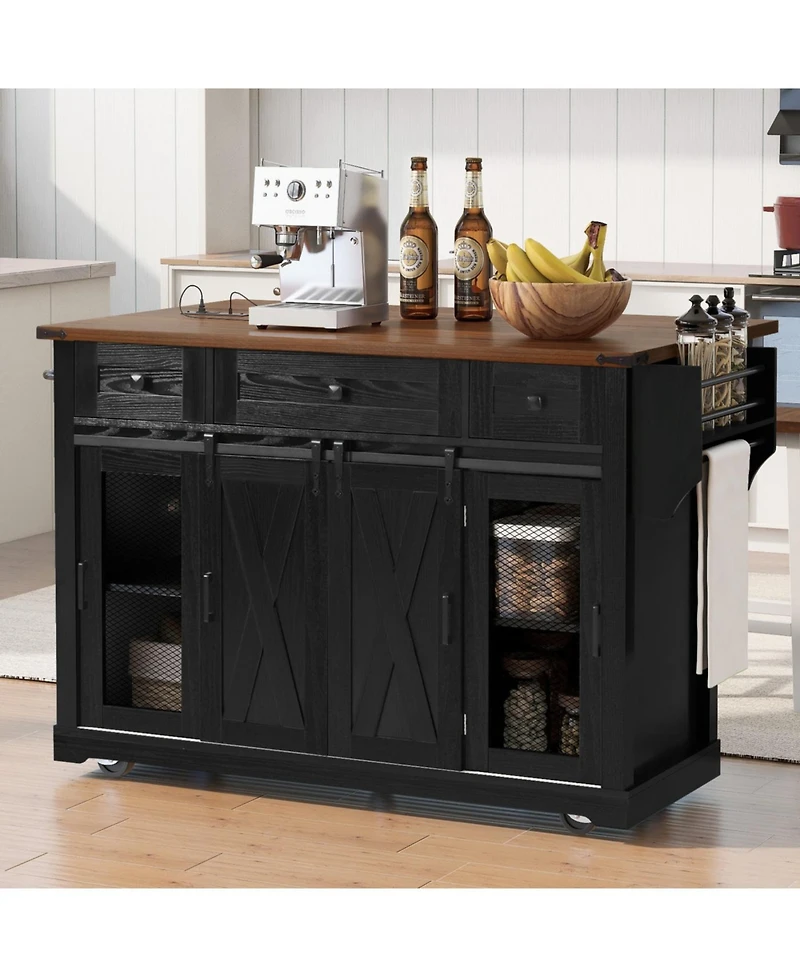 Streamdale 58-Inch Wood Farmhouse Kitchen Island with Storage, Sliding Barn Door, Rolling Wheels