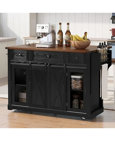 Streamdale 58-Inch Wood Farmhouse Kitchen Island with Storage, Sliding Barn Door, Rolling Wheels