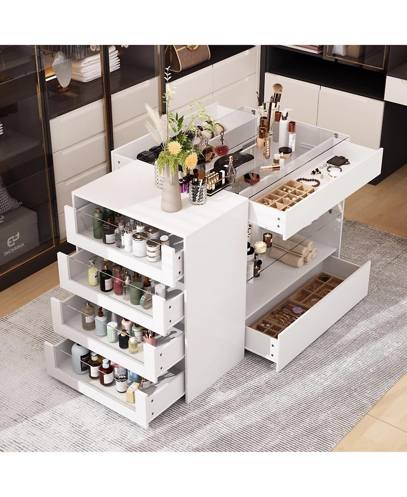 Homsee Glass Top 8-Drawers Dresser ,Display Cabinet,Manicure Nail Table,Bedroom/Kitchen Island,Makeup Table