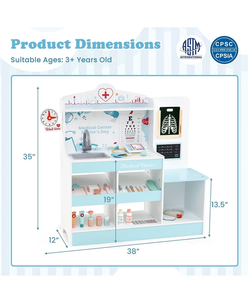 Hongge Wooden Doctor Playset with Stethoscope and Medical Tools for Toddlers Ages 3+ - Blue