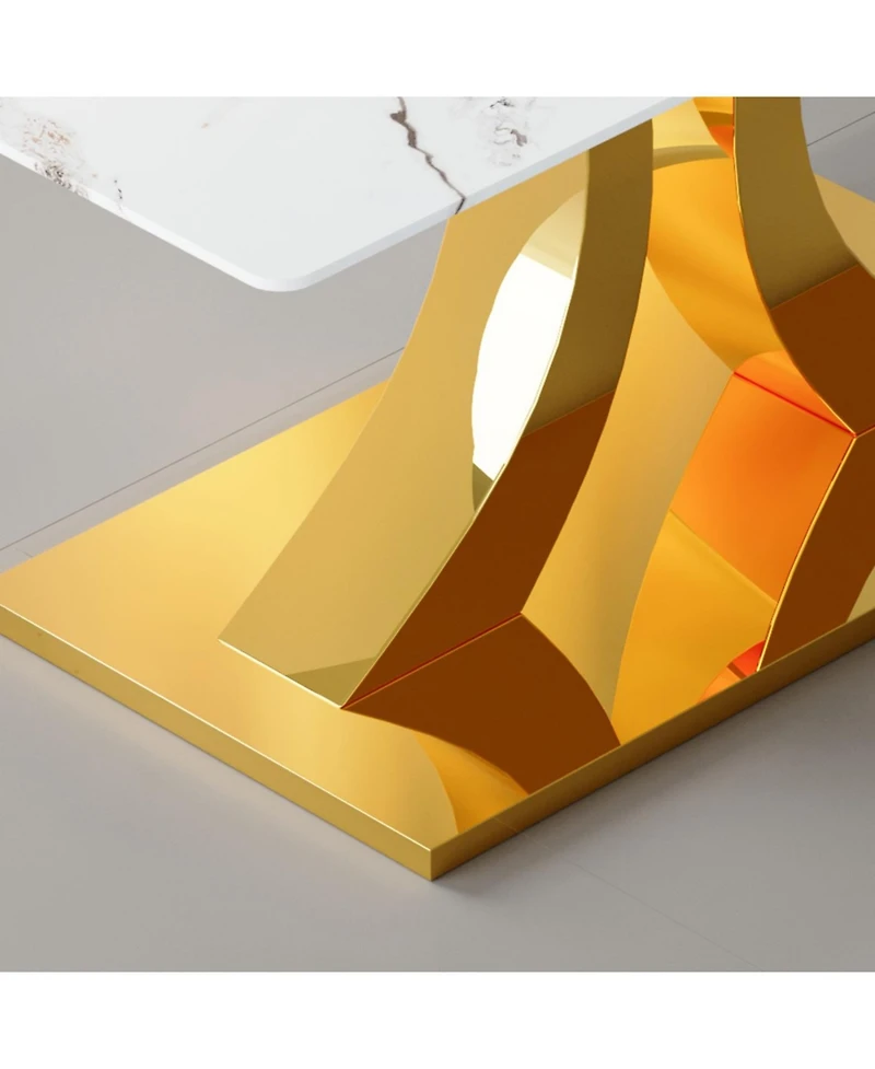 Streamdale Furniture Streamdale Transformable Stainless Steel Gold Base Dining Table, 63"x35", White Glass Top