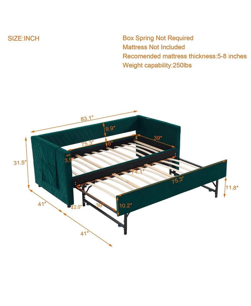 Streamdale Furniture Streamdale Twin Upholstered Daybed with Trundle, Usb, Side Pockets, Emerald