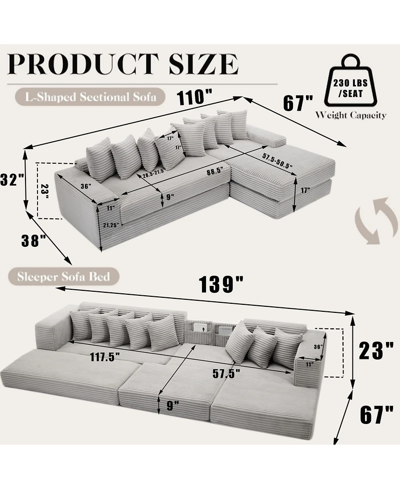 Streamdale Furniture Streamdale Oversize Cloud Couch L-Shape Sofa Convertible Floor Sleeper, No Assembly, 8 Pillows, Gray
