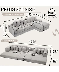 Streamdale Furniture Streamdale Oversize Cloud Couch L-Shape Sofa Convertible Floor Sleeper, No Assembly, 8 Pillows, Gray