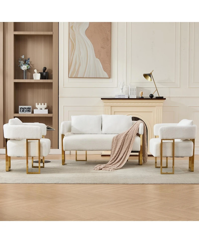 Streamdale Furniture Streamdale Modern Teddy fleece upholstered chair with gold metal legs, White