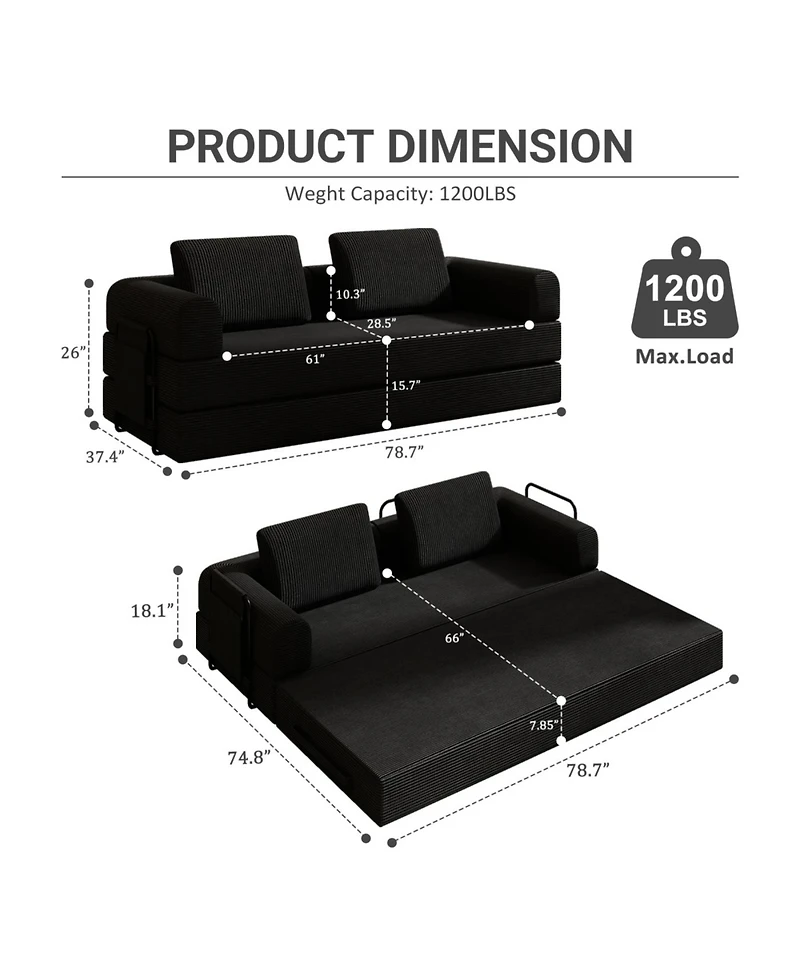 Streamdale Convertible Sleeper Sofa Bed with Pillow - Corduroy Folding Mattress Couch - Black