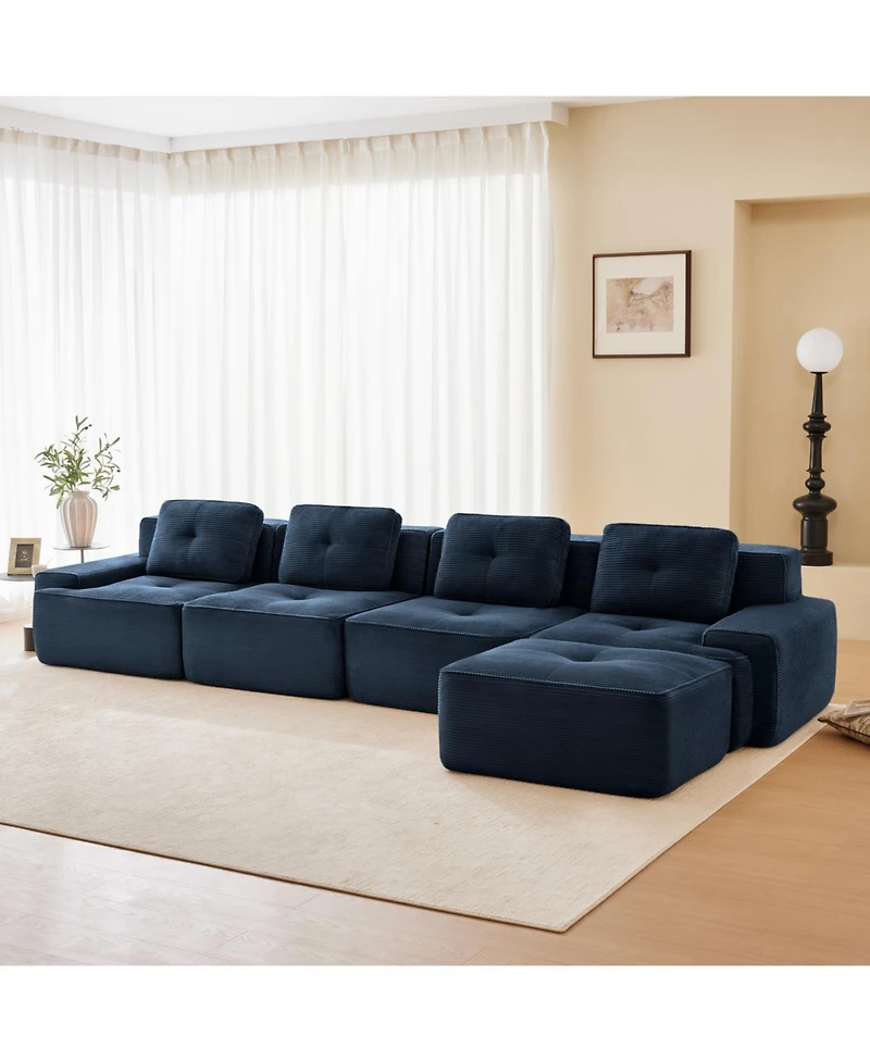 Streamdale Furniture Streamdale Modern L-Shaped Corduroy Sectional Sofa with Movable Ottoman, Blue