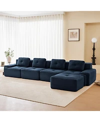 Streamdale Furniture Streamdale Modern L-Shaped Corduroy Sectional Sofa with Movable Ottoman, Blue