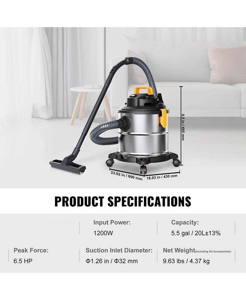 Ecooso Powerful Suction Stainless Steel Wet Dry Vacuum Cleaner, 5.5-Gallon 6.5 Peak Hp