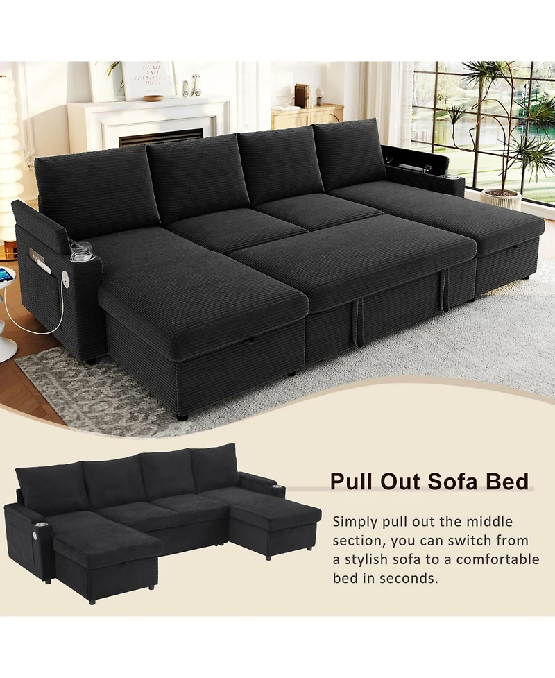 Streamdale Furniture Convertible U-Shaped Sectional Sofa with Storage, Cup Holders & Usb Ports, Black