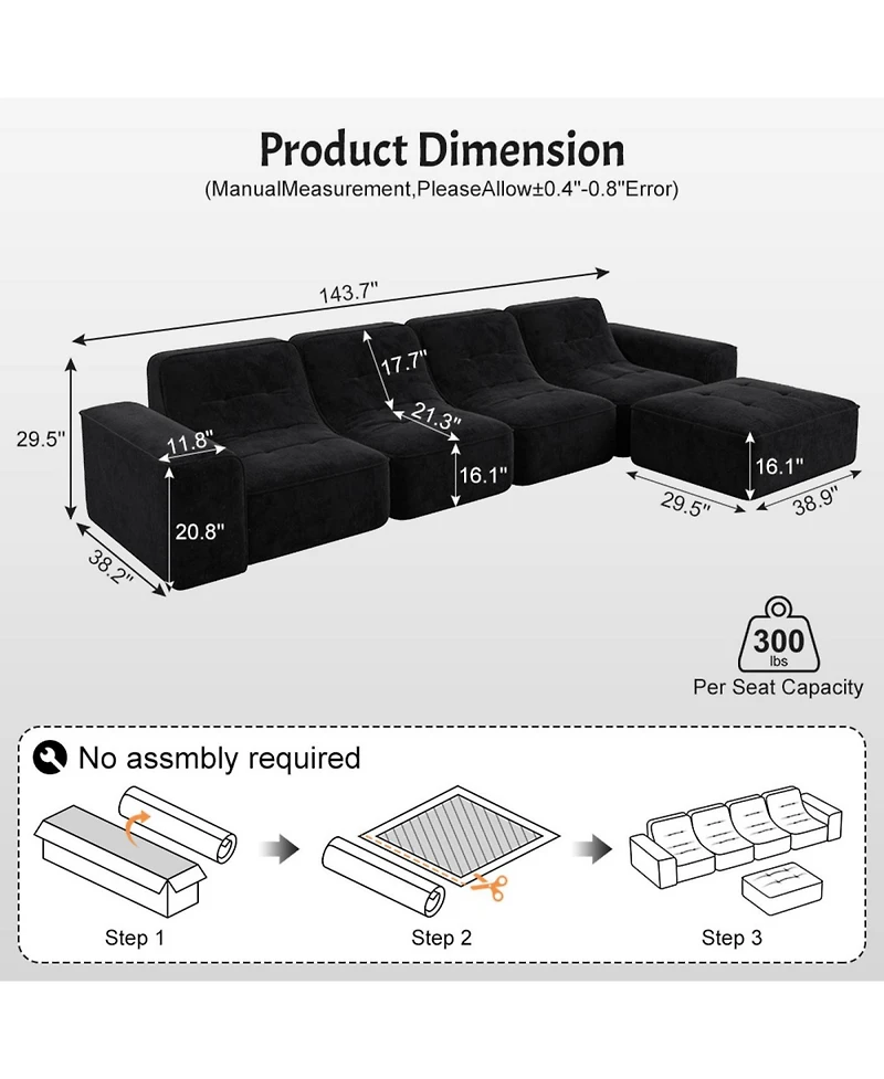 Streamdale Furniture 143.7" Modular Sectional Sofa Set with Removable Ottoman & Chair