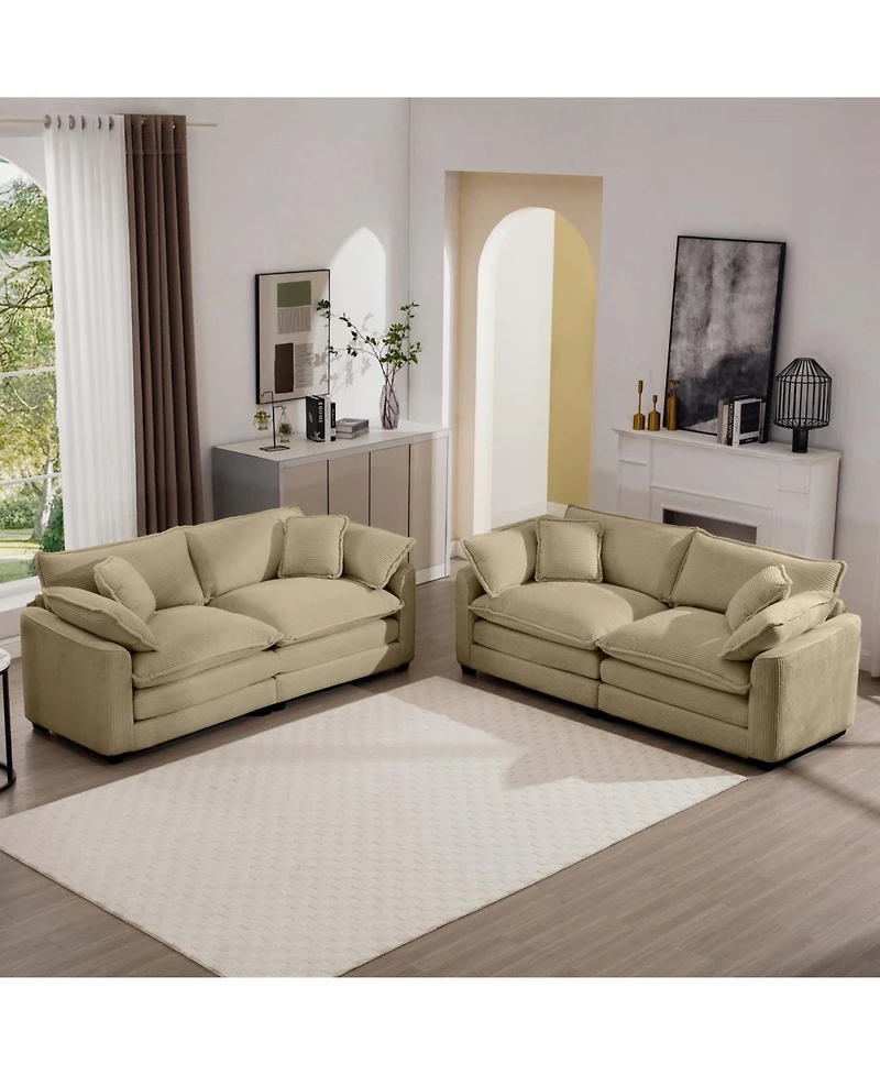Streamdale Modern Fabric Living Room Sofa Two Piece Set, Two 2-Seater Sofas with 8 Cushion Upholstery Large Deep Seat Recliner, Tan Corduroy Fabric