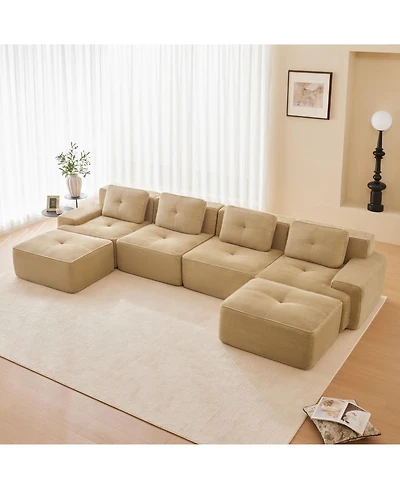 Streamdale Furniture Camel 153" Modern U-Shaped Corduroy Sectional Sofa with 2 Ottomans