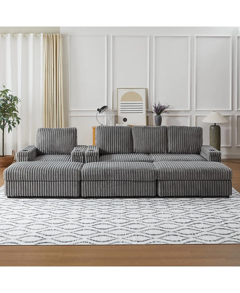 Streamdale Corduroy 3-Seater Sofa with Cup Holders for Living Room