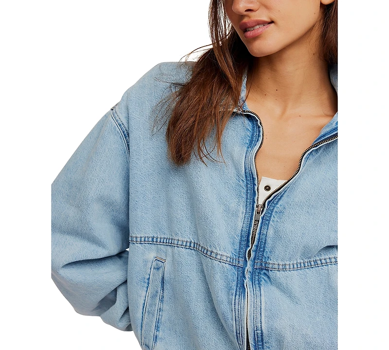 Free People Women's Birdie Front-Zip Collared Denim Jacket