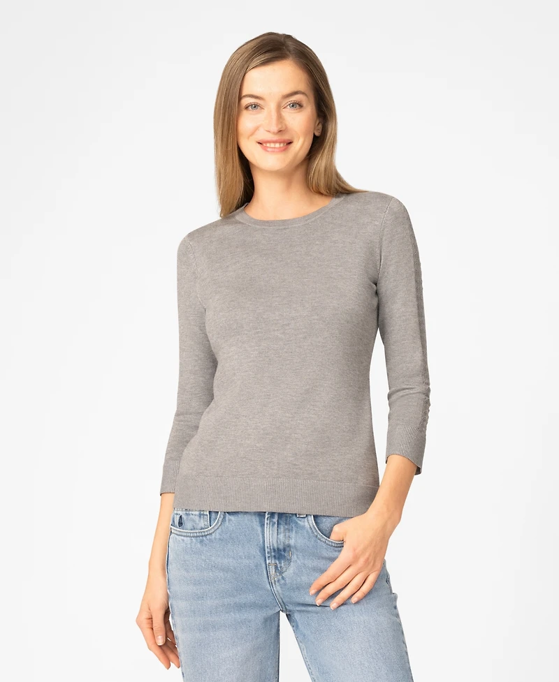 Melissa Paige Petite Pointelle-Sleeve Crewneck Sweater