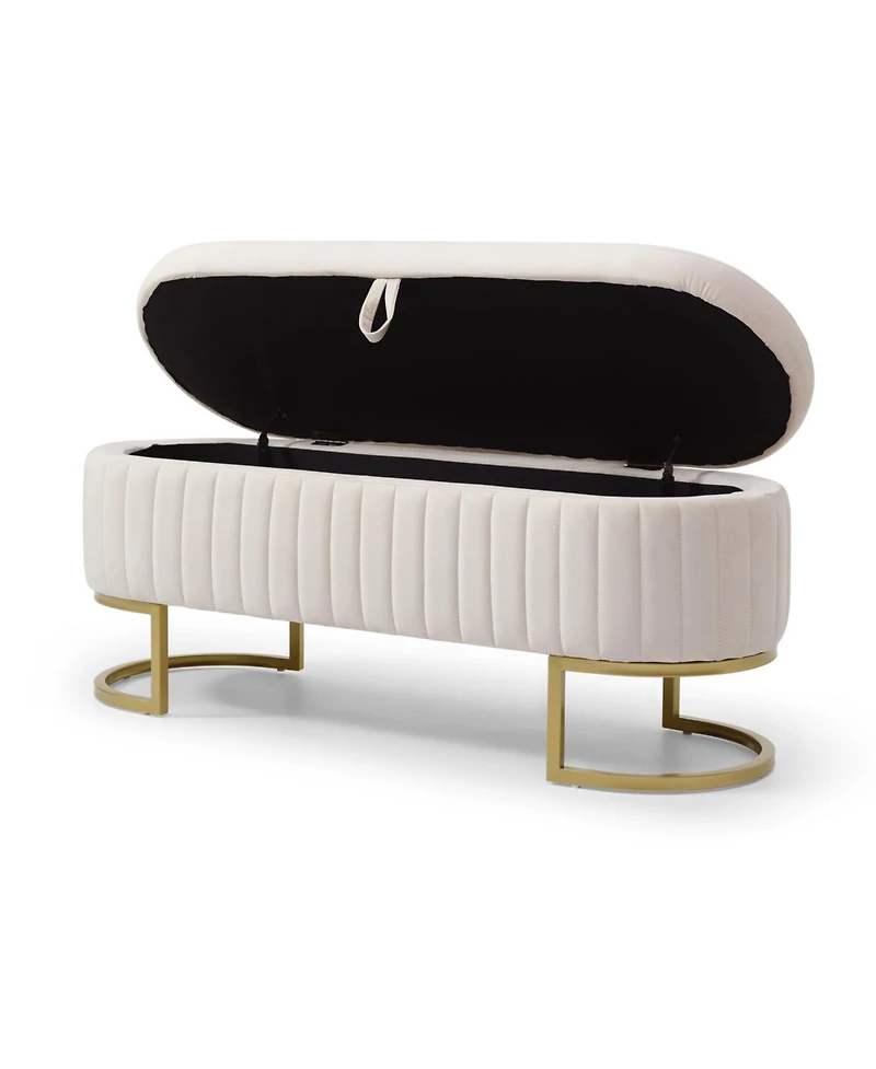 Streamdale Velvet Oval Upholstered Storage Bench with Golden Metal Legs, 50" Beige