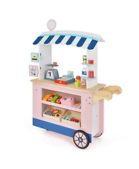 Hongge Kids Wooden Play Food Cart with 30 Accessories and Rolling Wheels