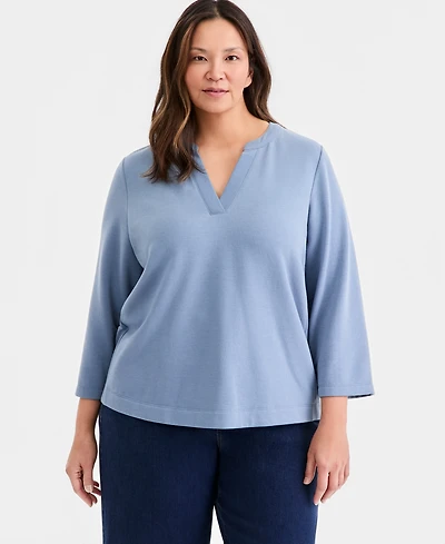 Style & Co Plus LuxLounge Fleece Split-Neck Long-Sleeve Top, Macy's Exclusive