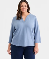 Style & Co Plus LuxLounge Fleece Split-Neck Long-Sleeve Top, Macy's Exclusive