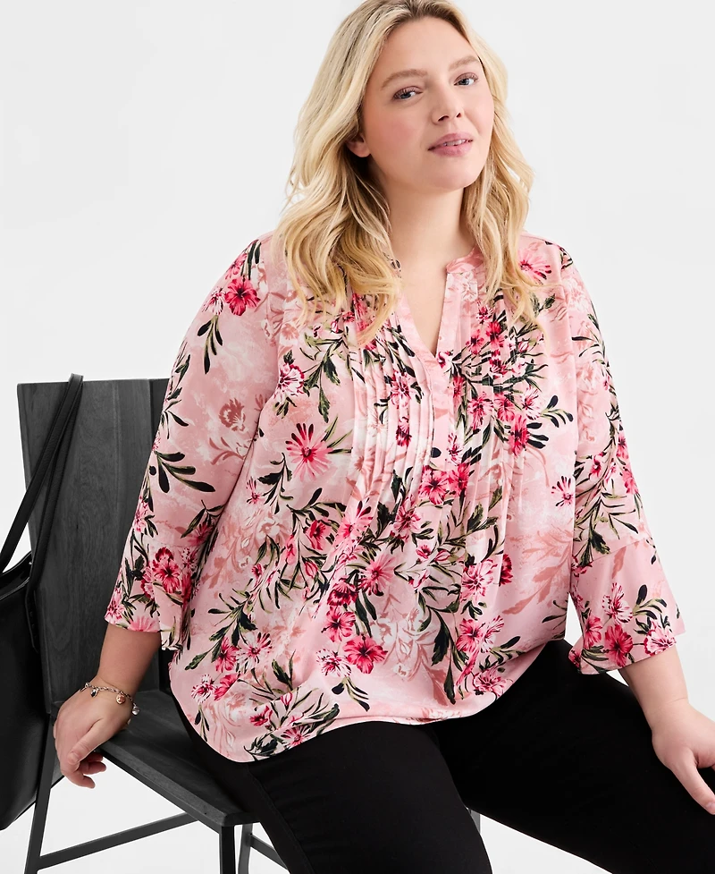 Style & Co Plus Printed Pintuck-Front 3/4-Sleeve Top, Macy's Exclusive