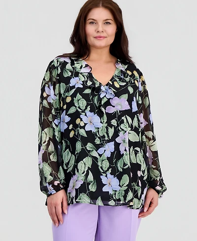 Kasper Plus Ruffled V-Neck Chiffon Blouse