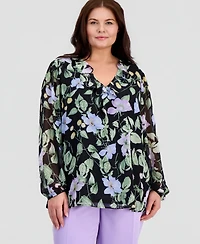 Kasper Plus Ruffled V-Neck Chiffon Blouse