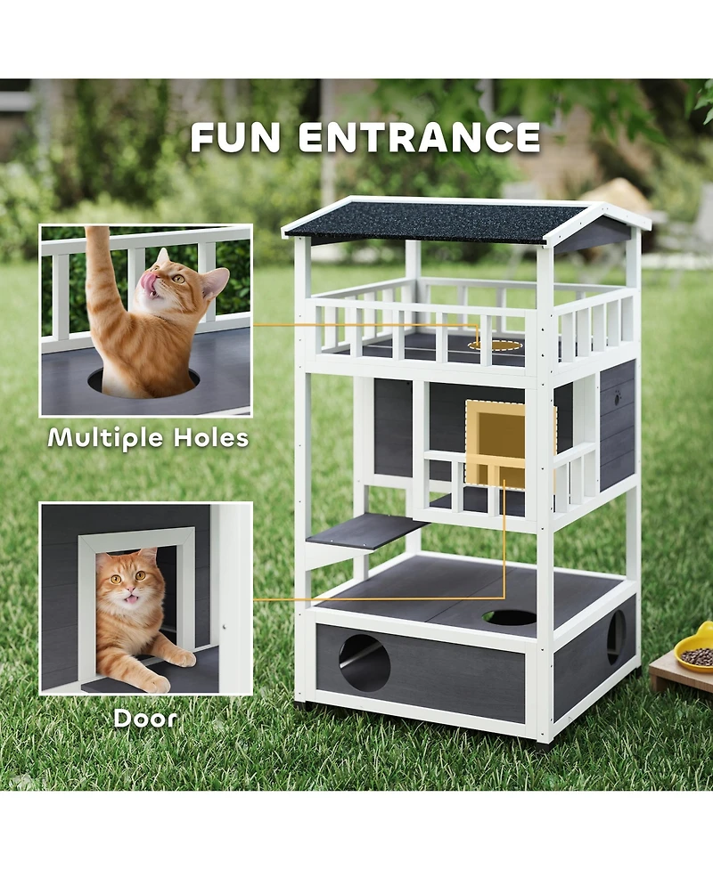 Cat House, Kitten Condo Shelter w/ Raised Base Asphalt Roof