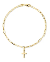 Devata Cross Charm with Paperclip Chain Bracelet in 14K Gold, 7.5 in, approx. 2.8 grams.