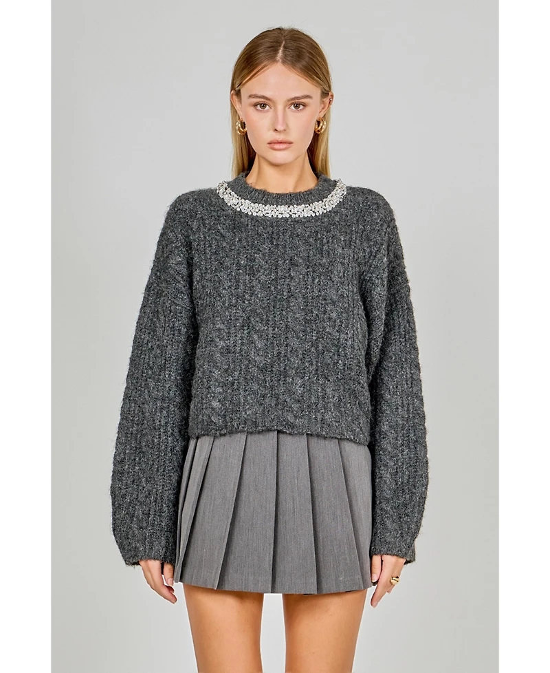 endless rose Women's Jewel Embroidered Fuzzy Cable Knit Chunky Sweater