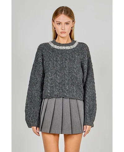 endless rose Women's Jewel Embroidered Fuzzy Cable Knit Chunky Sweater